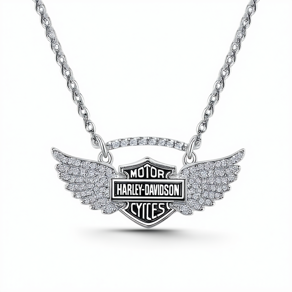 Harley-Davidson Womens Necklace, Bar & Shield Crystal Winged, Silver HDN0288
