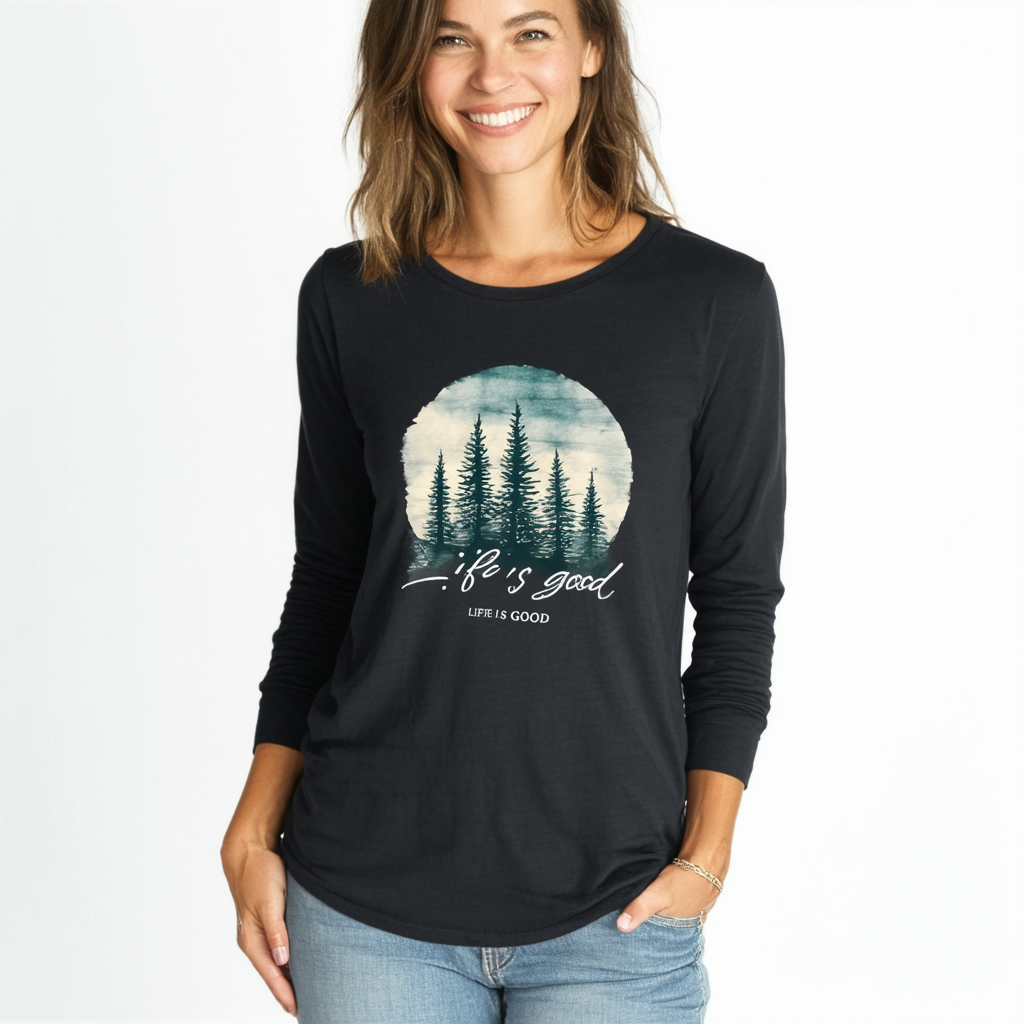 Life is good Women's Long Sleeve Crusher Watercolor Pine T-Shirt (Night Black)