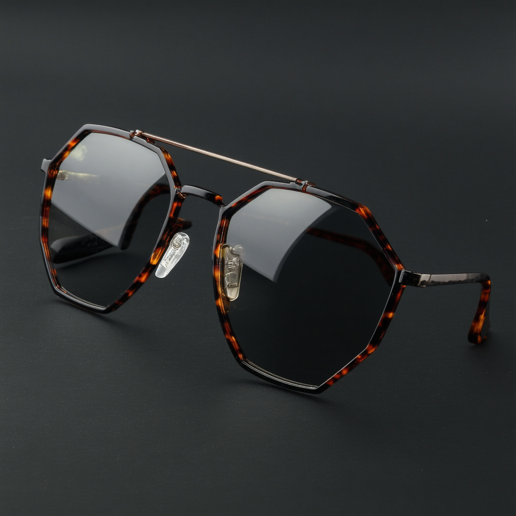 Hexagon Shape Fade Clear Lens Plastic Aviator Glasses (Black-Tortoise)