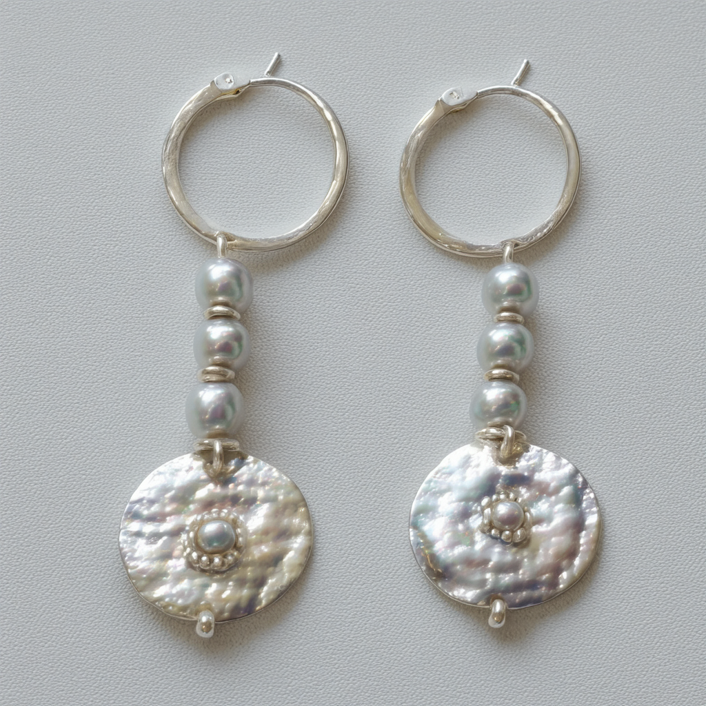 Navajo Pearl Sterling Silver Disc Beaded Dangle Hoop Earrings