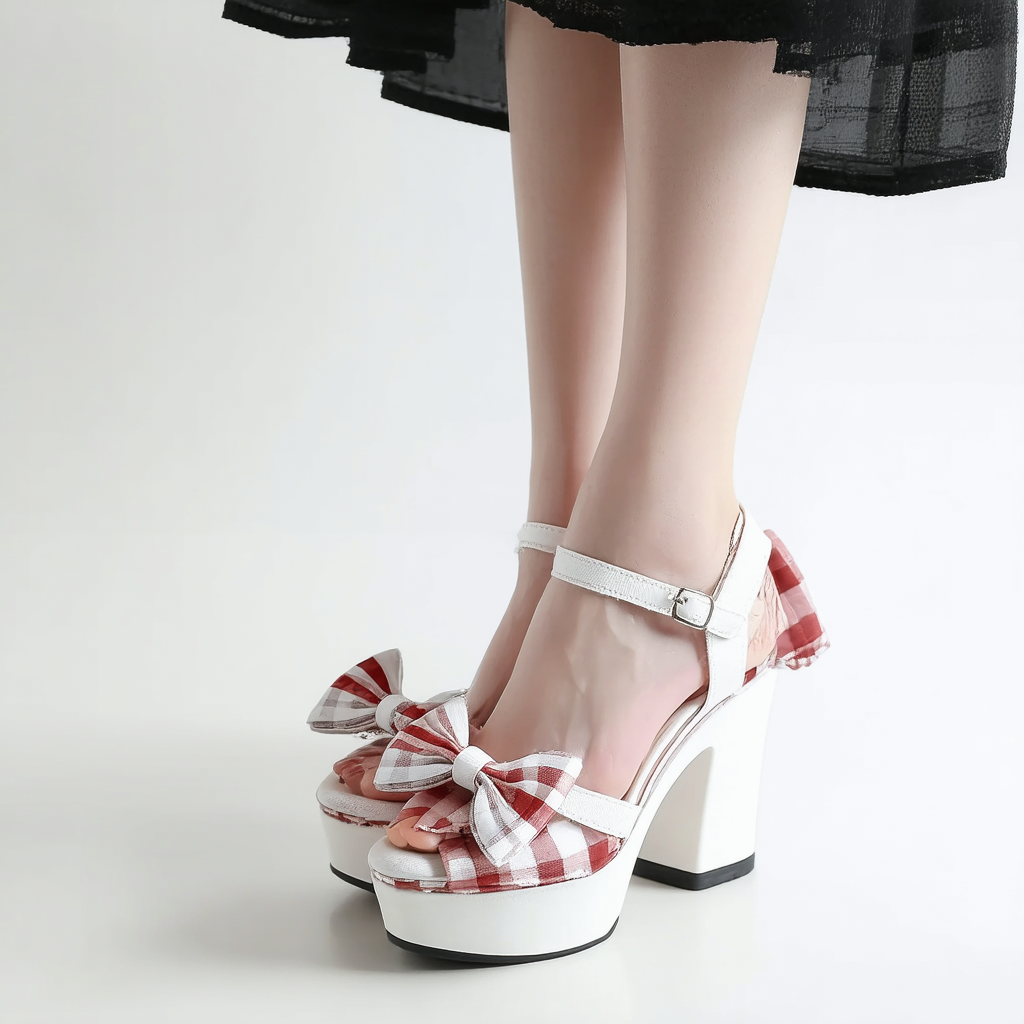 Women Platform High Heels Lolita Shoes Bowknot Patchwork Summer Sandals