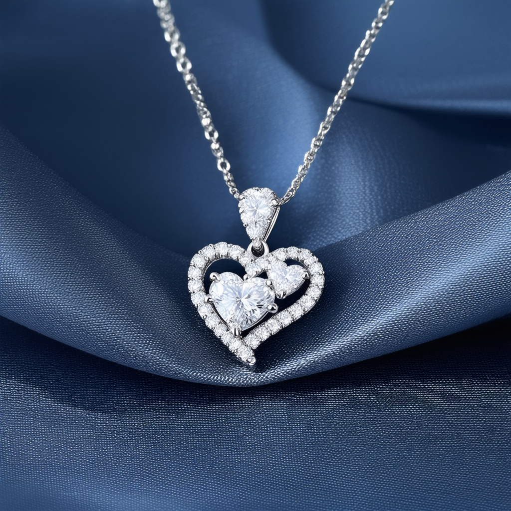 Amazon Collection Sterling Silver White Diamond Double Heart Pendant Necklace, 18"