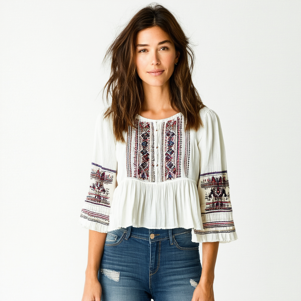 Lucky Brand Women's Long Sleeve Ruffle Trim Embroidered Knit Top