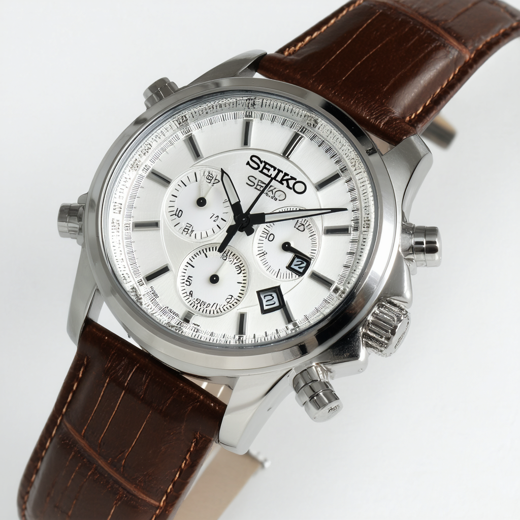 Seiko Premier Chronograph Silver Dial Brown Leather Mens Watch SNAF22P1