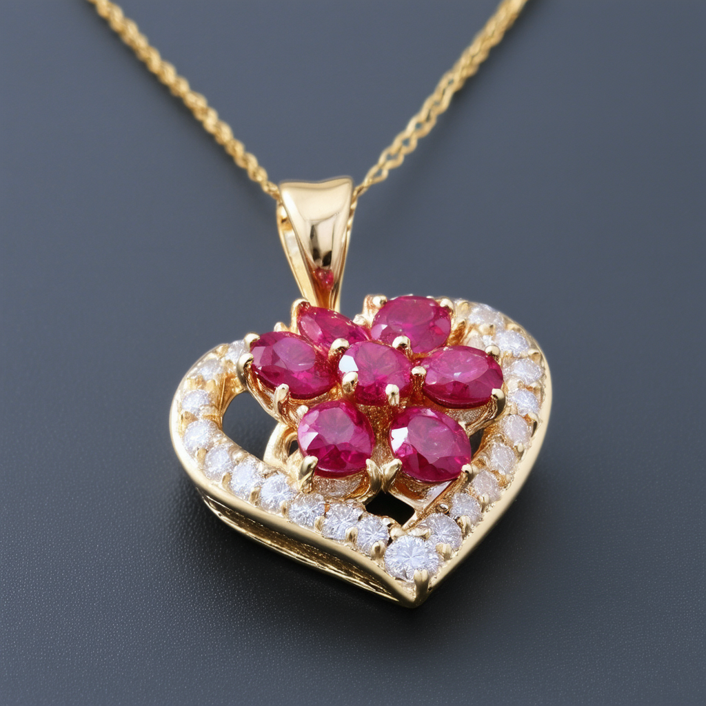 Amazon Collection 10k Yellow Gold Ruby and Diamond Flower Heart Shaped Pendant