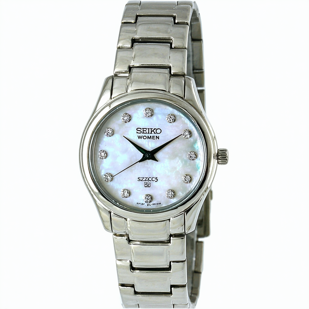 Seiko Women's SZZC59 Silver-Tone Baguette 8 Diamonds White Mother Of Pearl Dial Watch