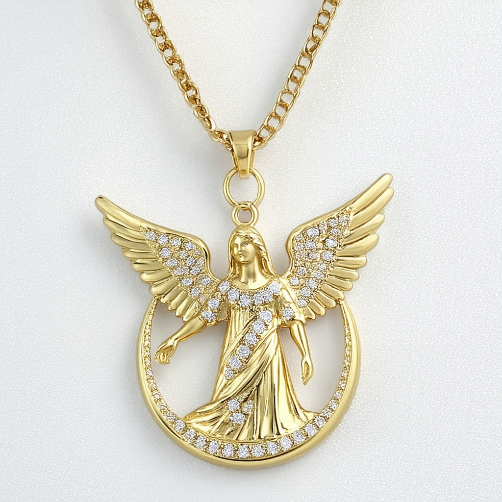 Amazon Collection 18k Gold Diamond Angel Medal Necklace, 18"