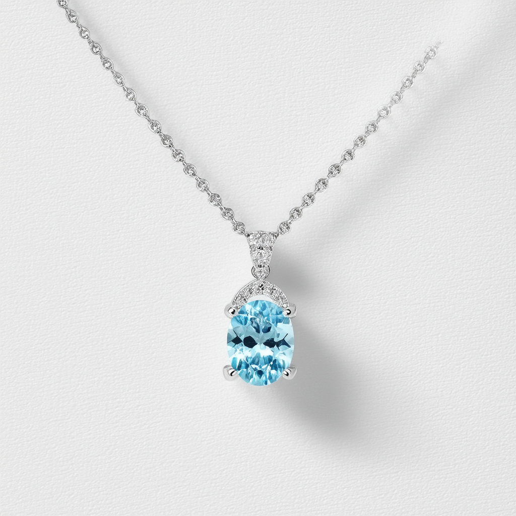 Amazon Collection 10k White GoldOval Aquamarine and Diamond Pendant Necklace, 18"