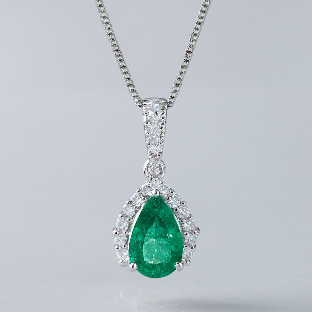 Amazon Collection Sterling Silver Created Emerald and Cubic Zirconia Pendant Necklace, 18"
