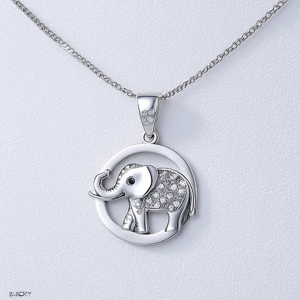 Amazon Collection Sterling Silver Circle with Crystal Elephant "Lucky" Pendant Necklace, 18"