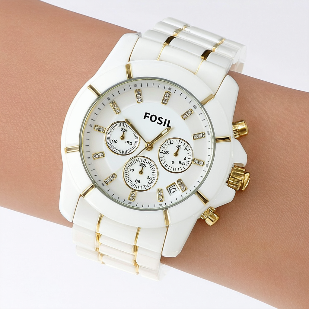 Fossil Women's ES2363 White Resin Bracelet White and Gold Glitz Analog Dial Multifunction Watch
