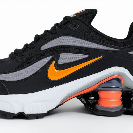 Nike Men's Shox R4 Black/Mtllc Slvr/Mx Orng/Mtllc S Running Shoe 9.5 Men US