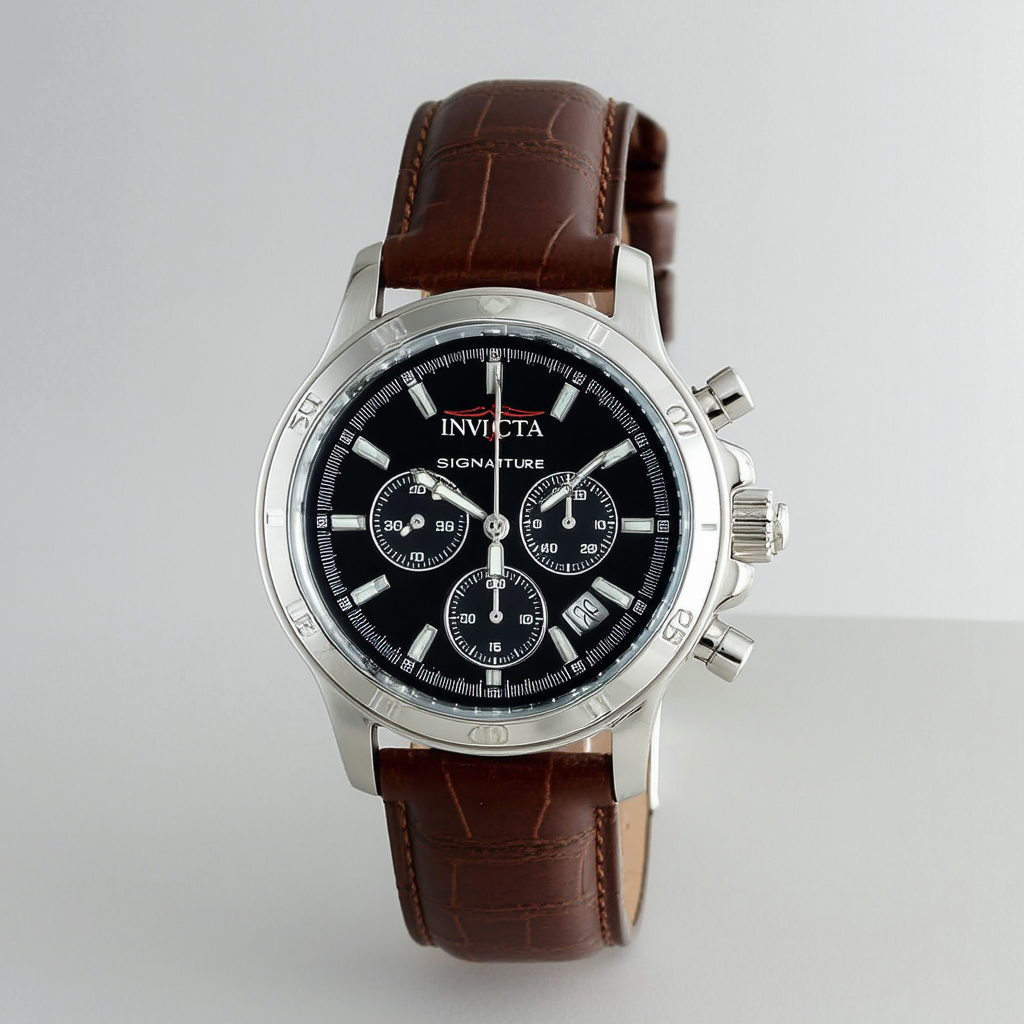 Invicta Signature Chronograph Black Dial Brown Leather Mens Watch 7023