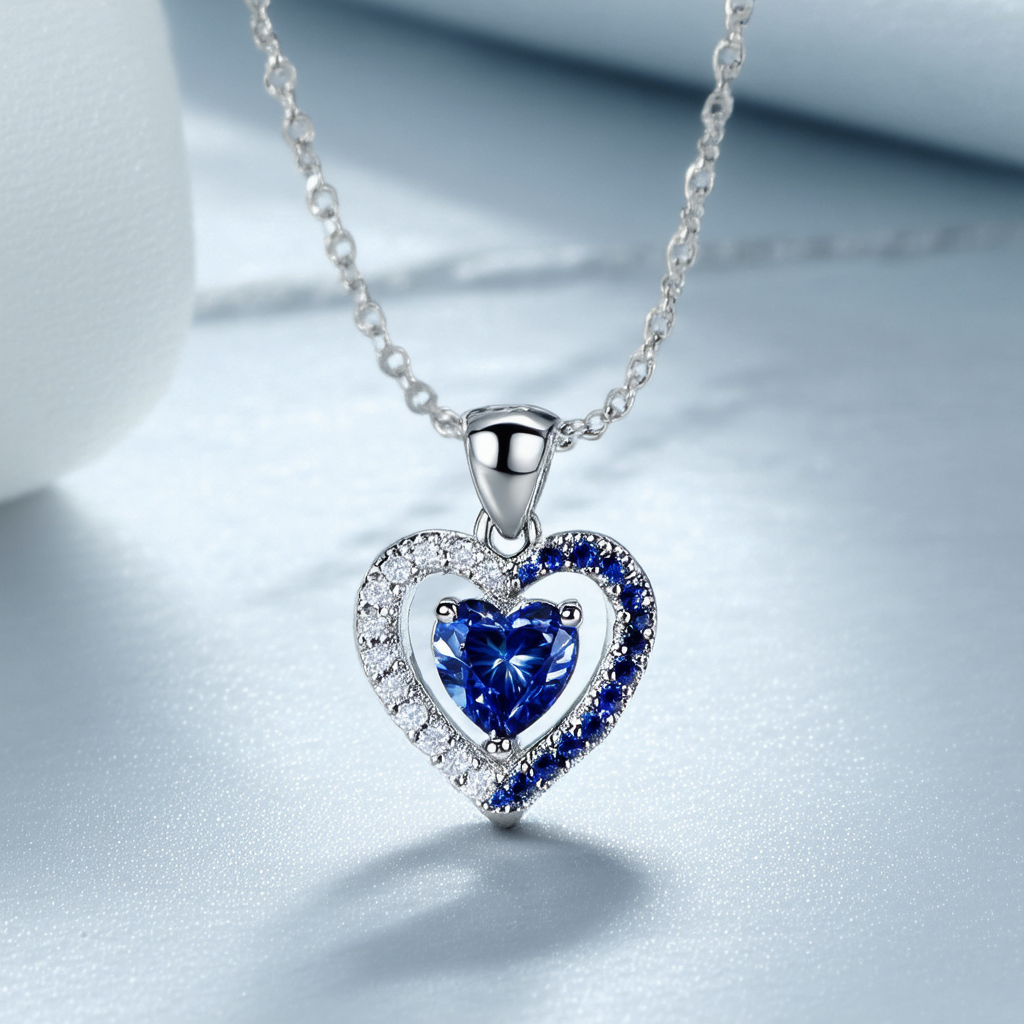 Amazon Collection Sterling Silver Blue and White Diamond-Accent Open Heart Pendant Necklace, 18"