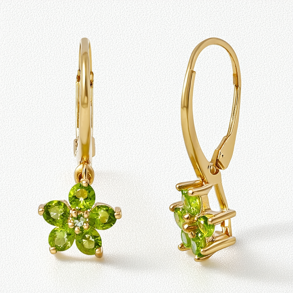 Amazon Collection 10k Yellow Gold Peridot Flower Leverback Dangle Earrings