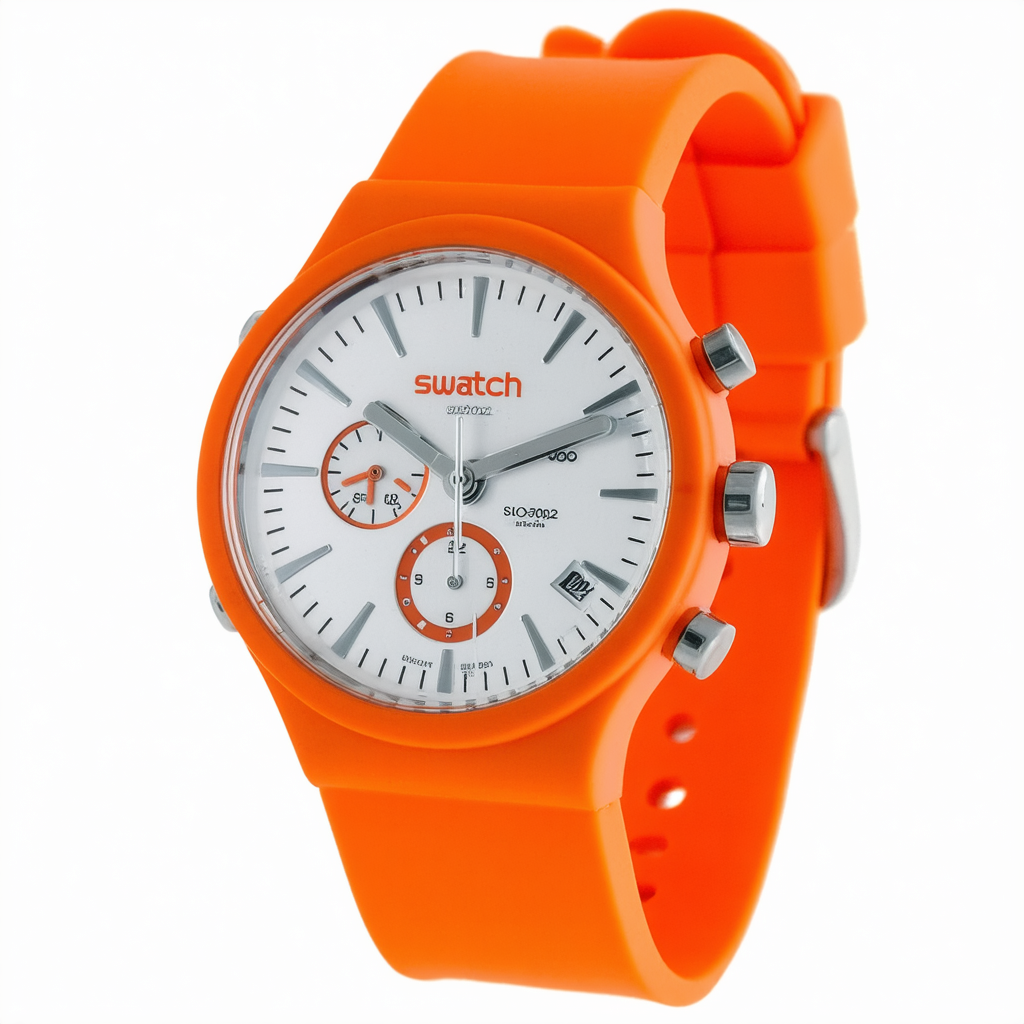 Swatch SUOO702 Multi Bross Silver Day Date Dial Orange Silicone Unisex Watch NEW
