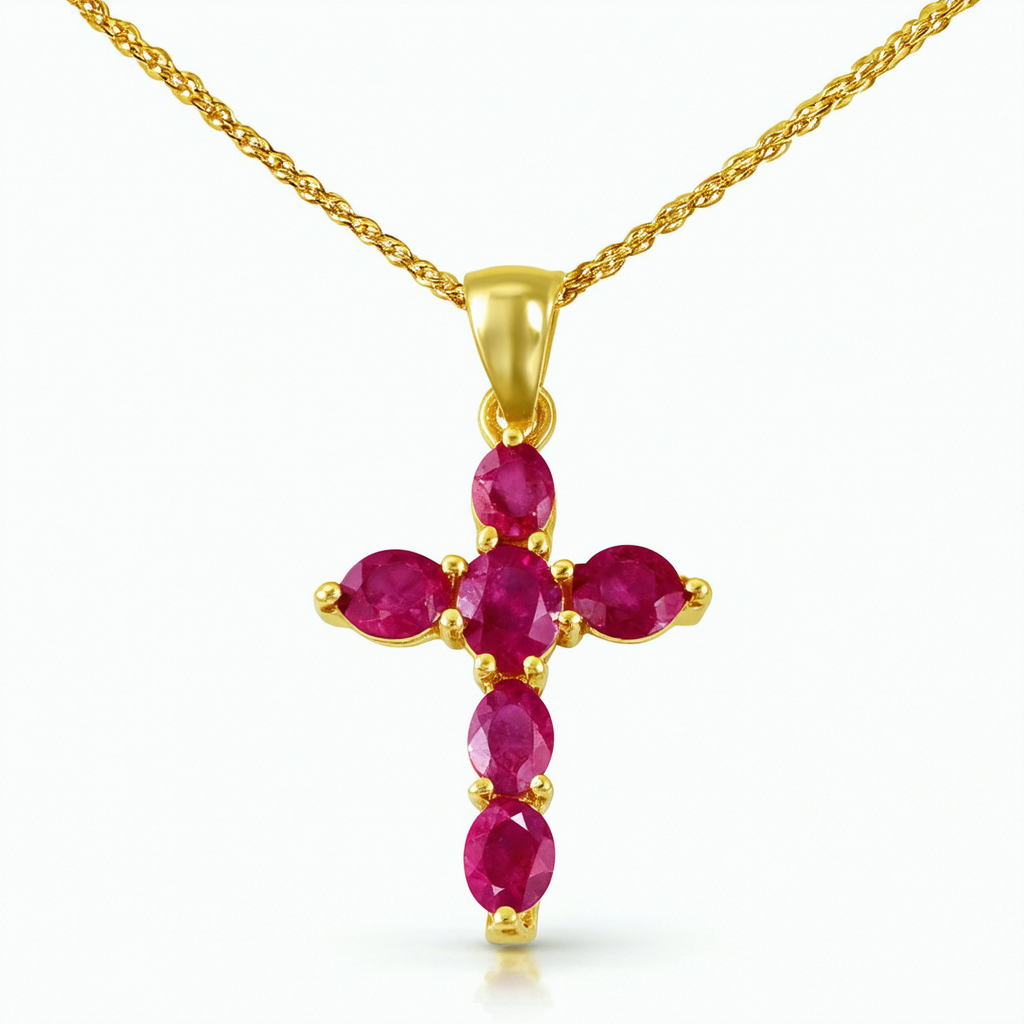 Amazon Collection Yellow Gold Plated Sterling Silver Ruby Cross Pendant, 18"