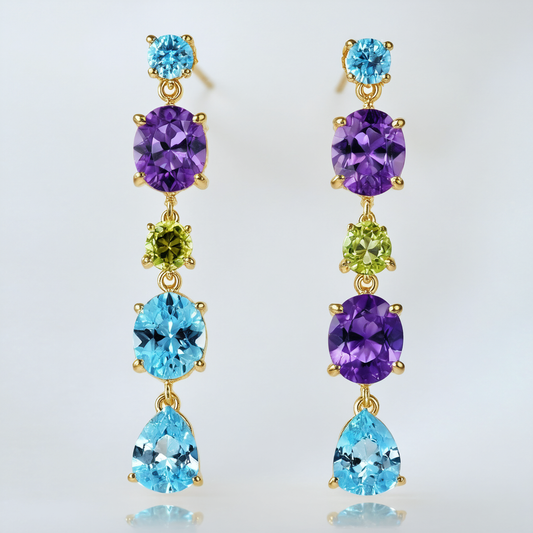 14k Yellow Gold Amethyst, Coated Blue Topaz, and Peridot Dangling Earrings