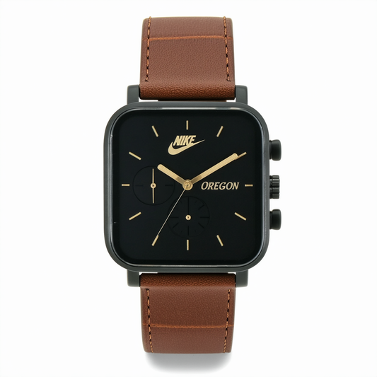 Nike Oregon Square Leather Analog Brown/Black/Pro Gold Dual Time Unisex Watch WA0054-293