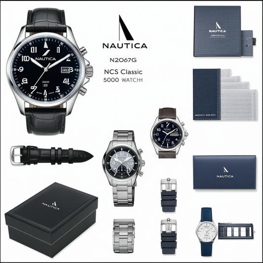 Nautica Men's N20067G NCS 600 Classic Stainless Steel Black Leather Black Dial Watch Box Set