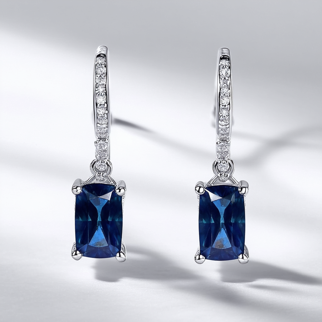 Amazon Collection Sterling Silver Emerald-Cut Created Blue Sapphire Dangle Earrings