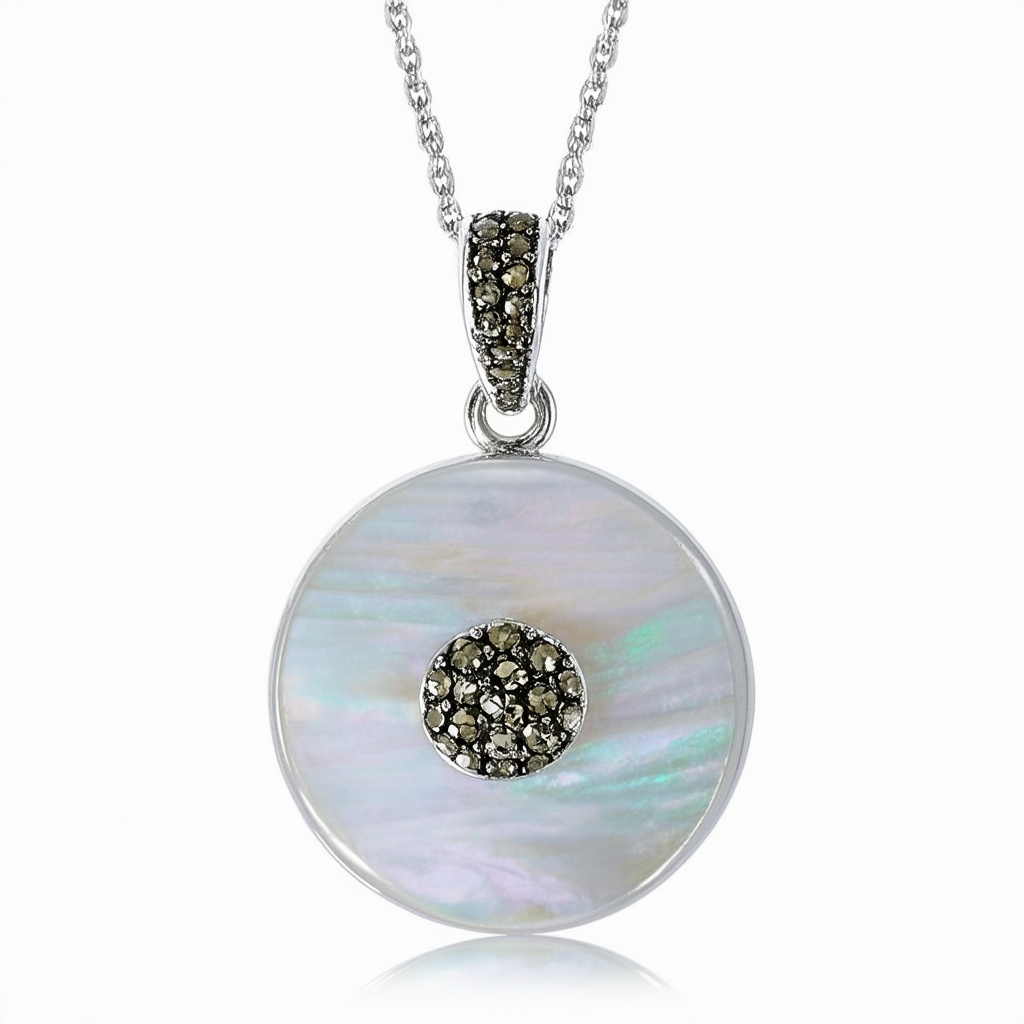 Amazon Collection Sterling Silver Marcasite and Mother-of-Pearl Round Pendant, 18"