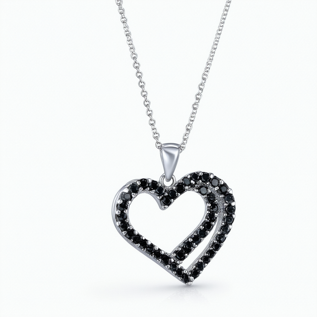 Amazon Collection Sterling Silver Black-Diamond Asymmetrical Heart Mom Pendant Necklace