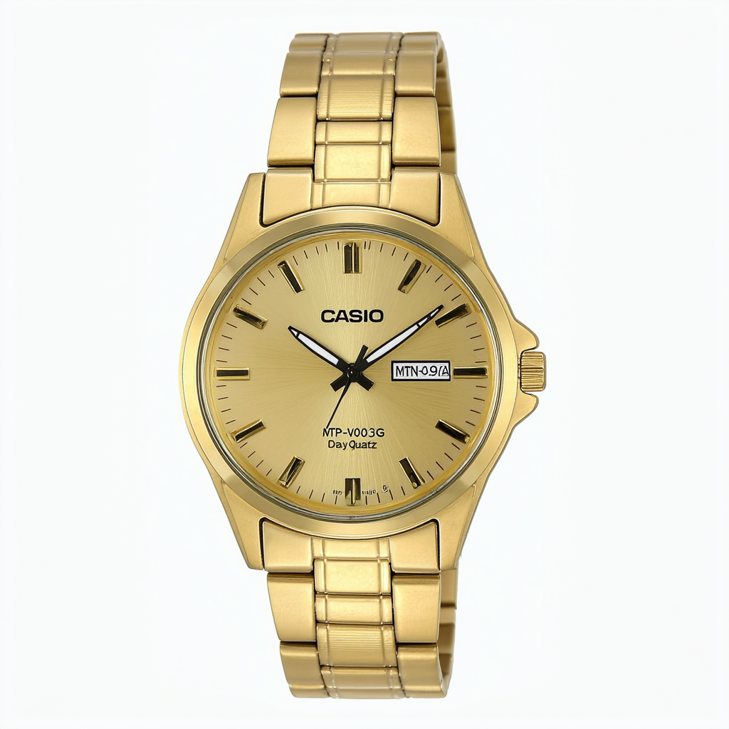 Casio Men's Mtp-v003g-9a Gold Day Date Quartz Watch with Gold Dial