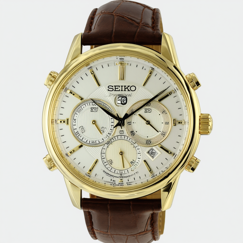 Seiko Men's Premier Goldtone Leather Strap Perpetual Calendar Watch
