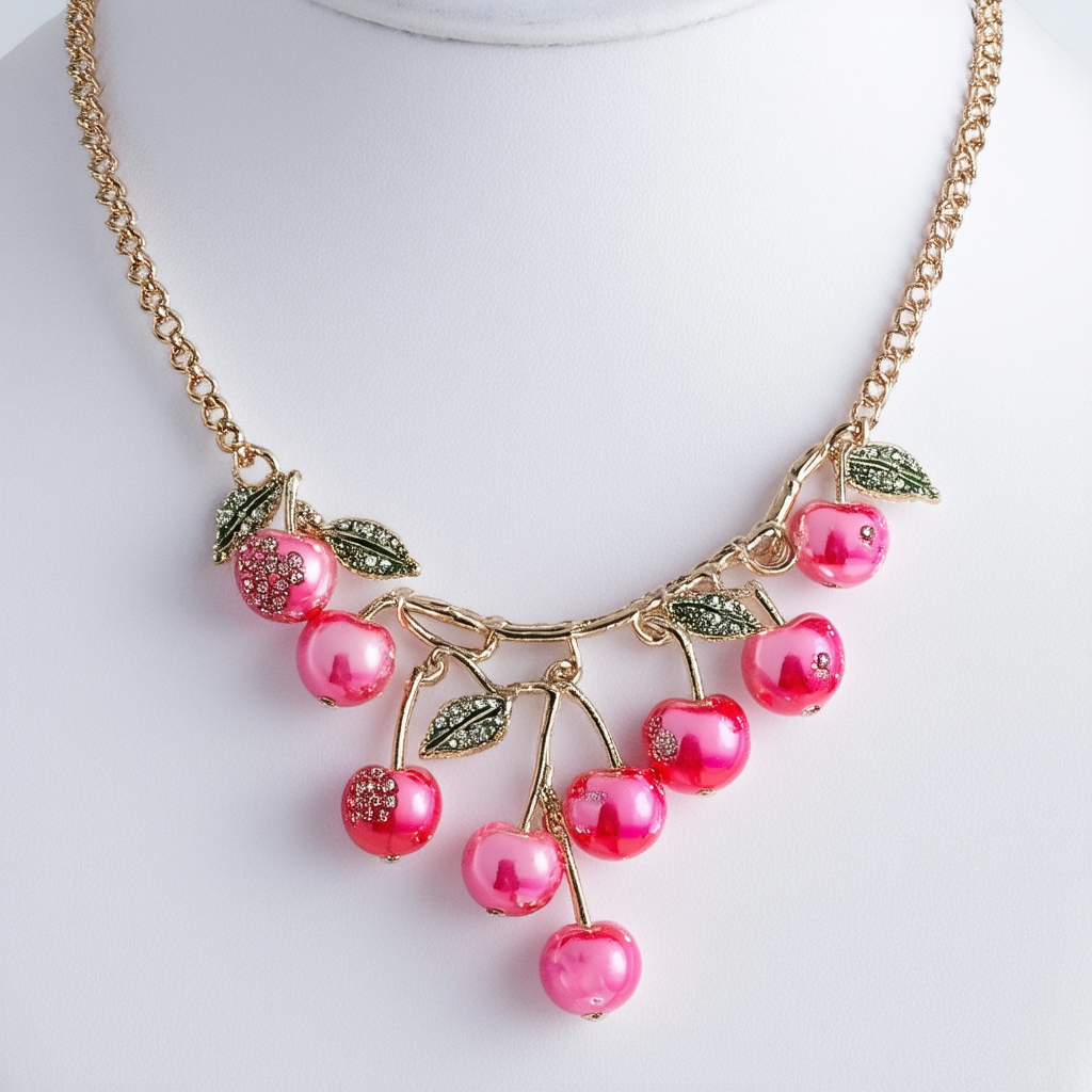 Betsey Johnson Pink Cherry Bead Illusion Necklace