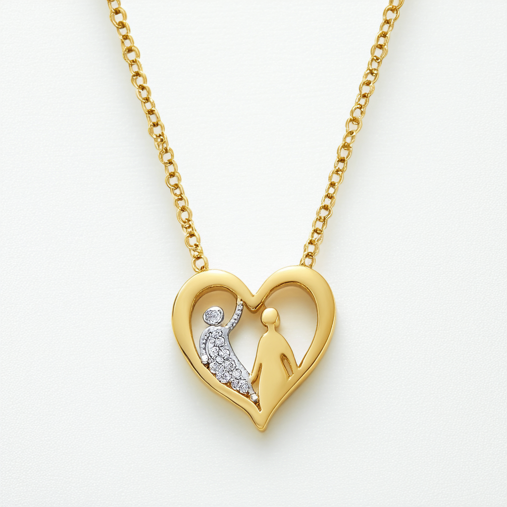 Amazon Collection 10k Yellow Gold and Diamond Accent Mom and Child Heart Pendant Necklace