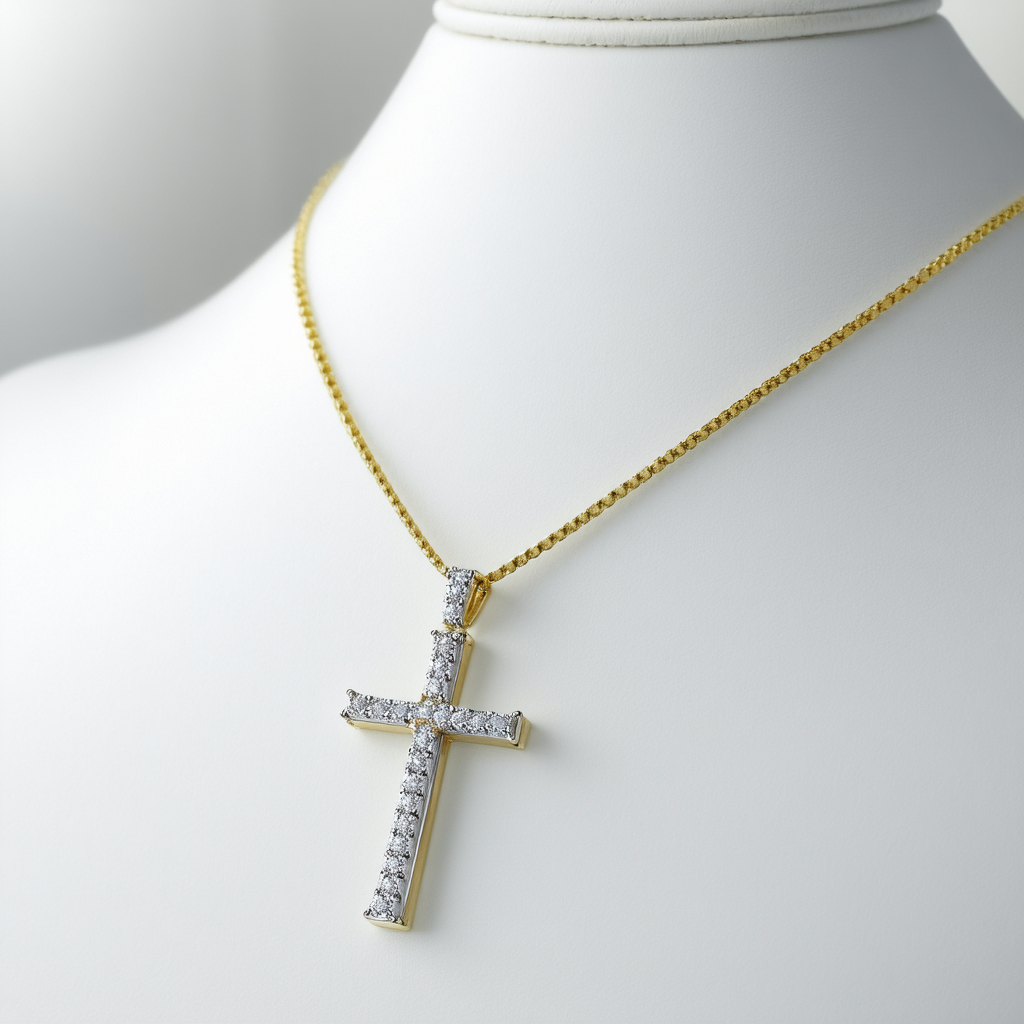 Amazon Collection 14k Yellow Gold and Sterling Silver Diamond Cross Pendant Necklace. 18"