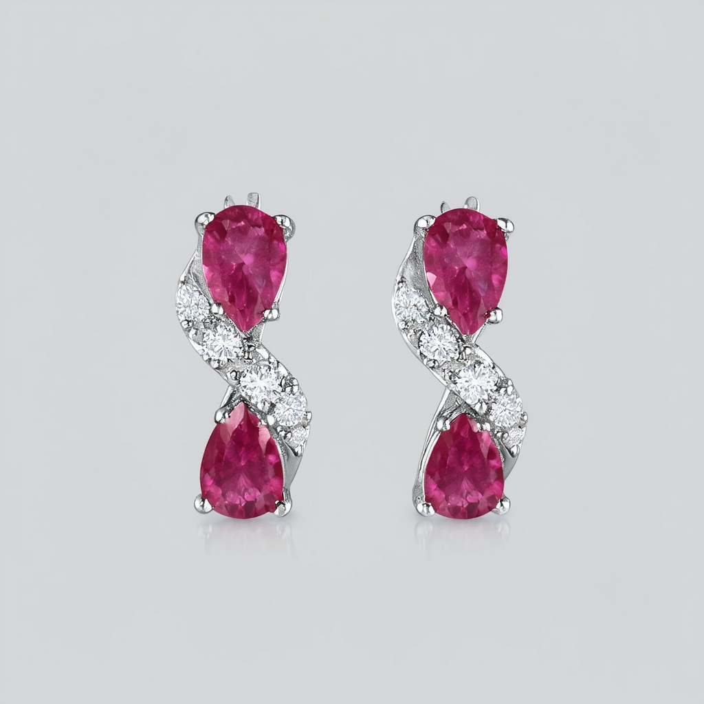 Amazon Collection 10k White Gold Ruby and Diamond Twist Earrings