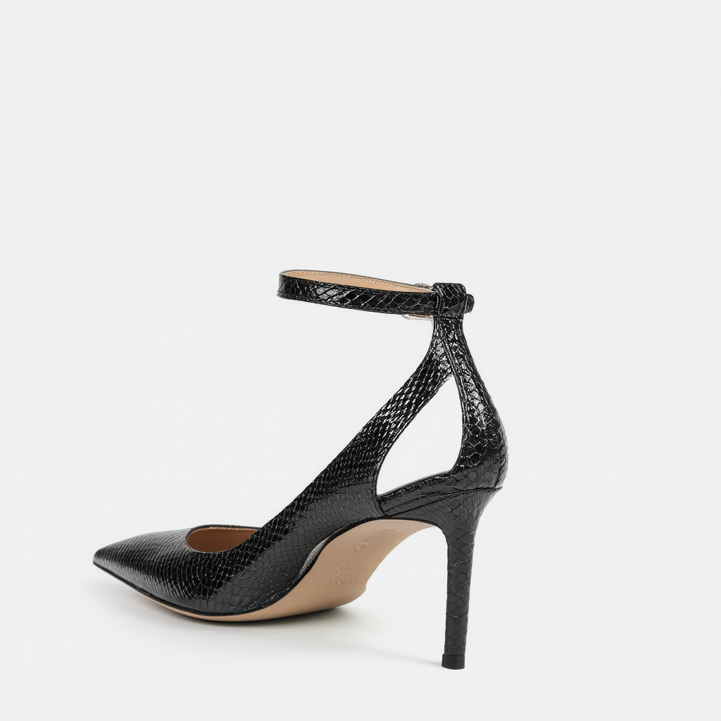 Qupid Women Snake Leatherette Pointy Toe T-Strap Stiletto Heel Pump CC30 - Black Leatherette