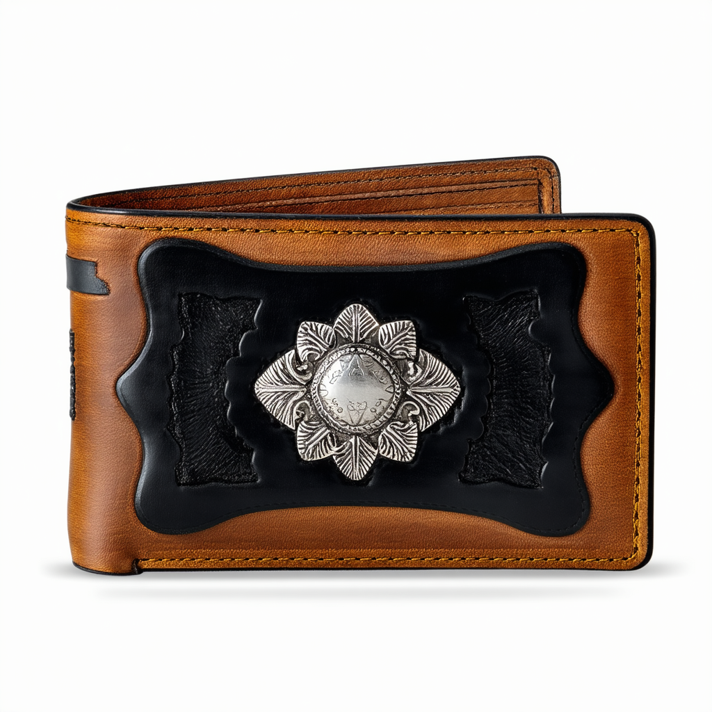 Ariat Men's Top Concho Overlay Bifold Black Brown Wallet