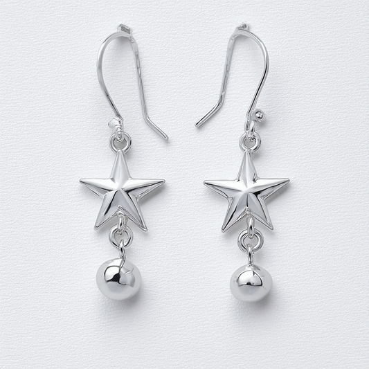 14k White Gold Star Dangle Earrings with Shepherd's Hook