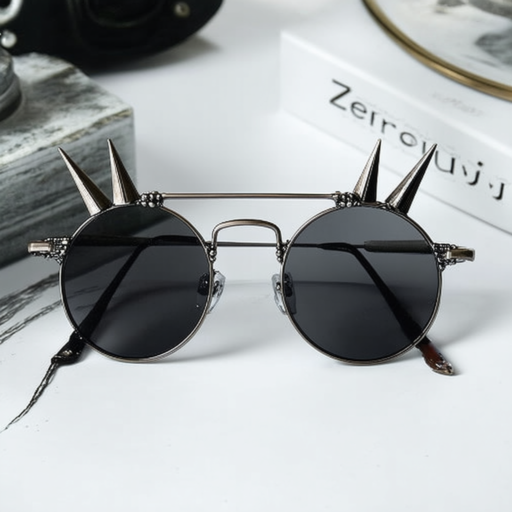 zeroUV - Steampunk Metal Spike Frame Flat Lens Round Sunglasses 50mm