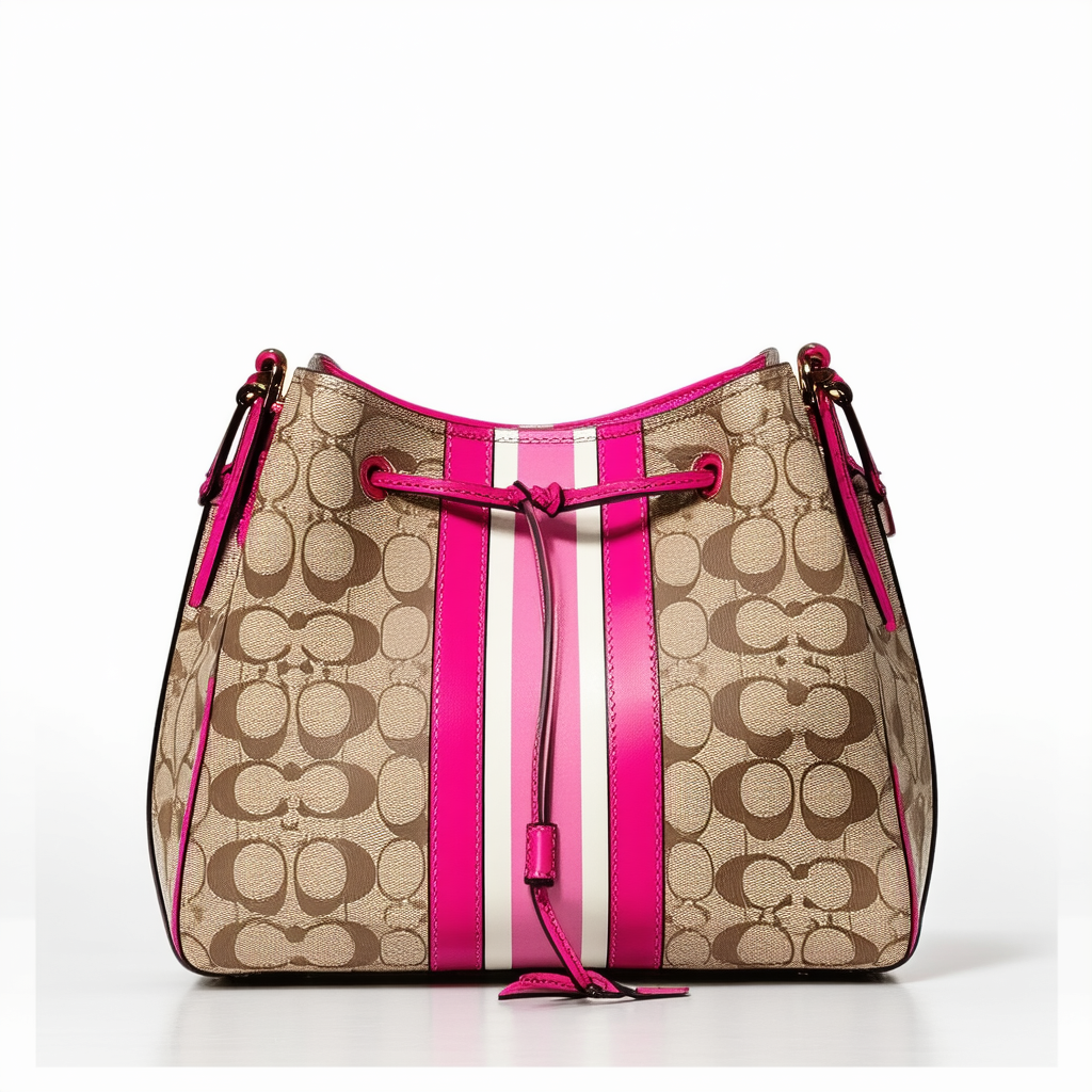 Coach Signature Stripe 12 CM Drawstring Carryall in Khaki & Fuchsia