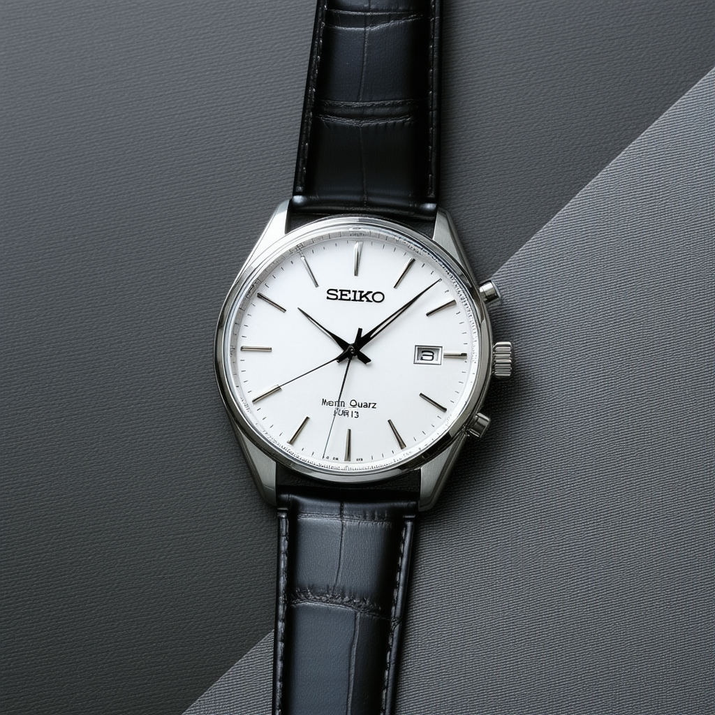 Seiko Mens Quartz Large White Easy Read Dial Black Leather Calfskin Band SUR113 by Seiko Watches