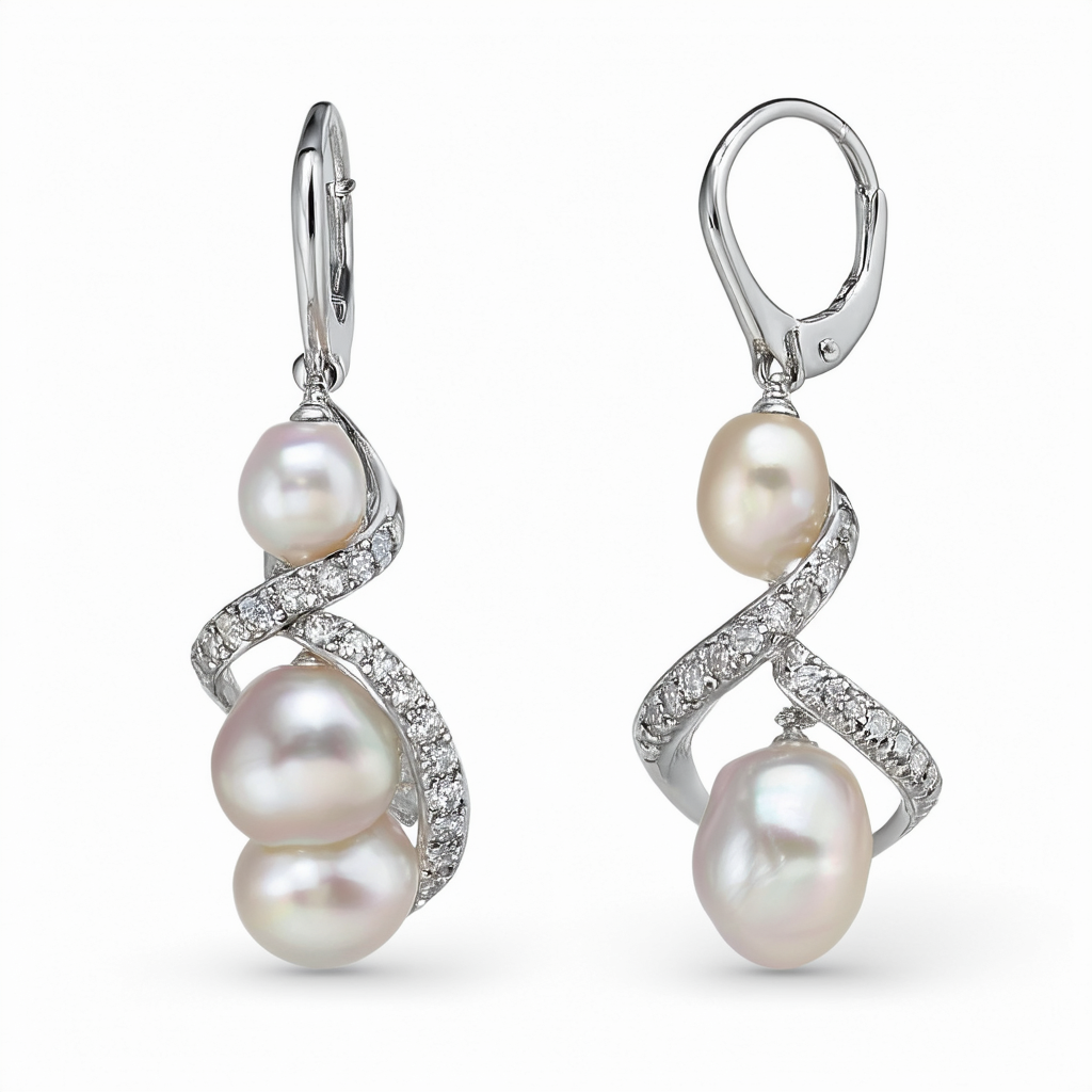 Amazon Collection Sterling Silver, Freshwater Cultured Pearl, and Diamond Swirl Dangle Earrings