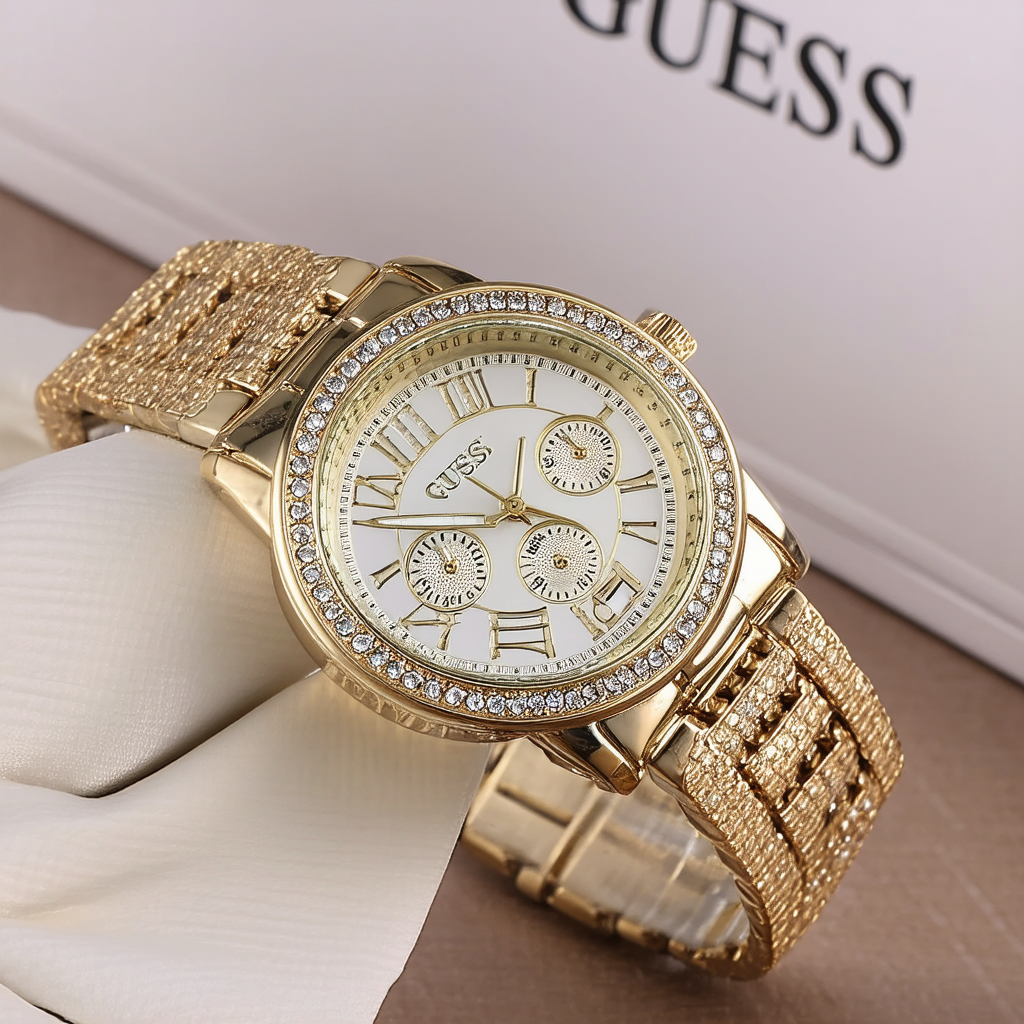 GUESS Women's U0329L2 Dazzling Oversized Gold-Tone Watch with Roman Numerals & Genuine Crystals