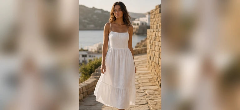 Model wearing a white tiered linen dress