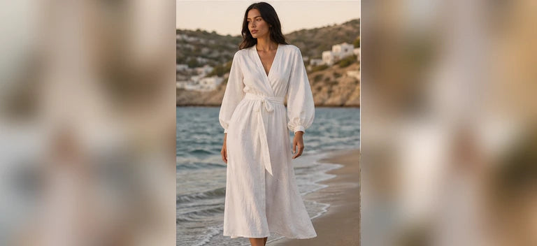 Model wearing a white drawstring beach dress
