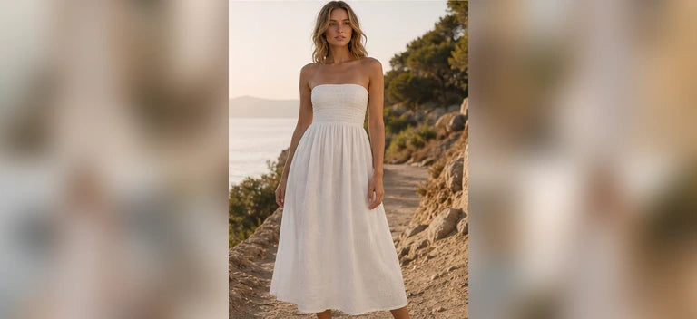 Model wearing a white linen summer dress