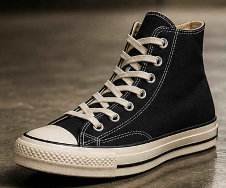 Black high-top canvas sneaker on concrete