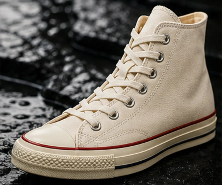 Ivory high-top canvas sneaker on wet stone
