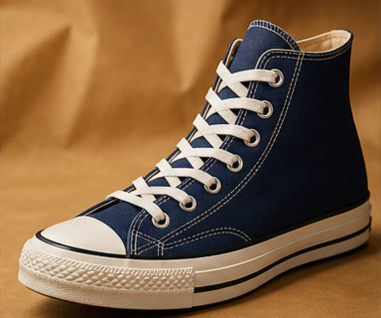 Navy high-top canvas sneaker in warm studio light