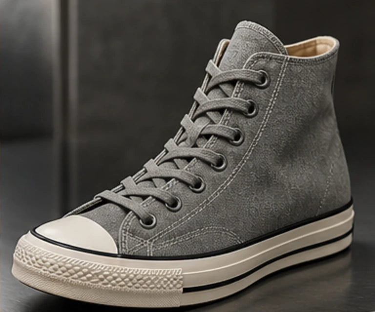 Gray high-top canvas sneaker on brushed steel