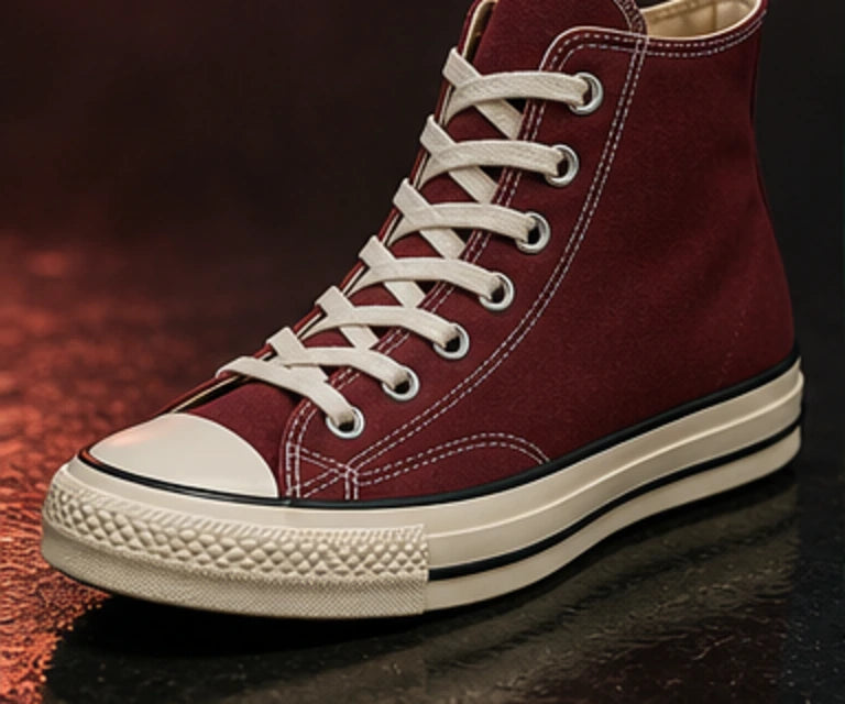 Burgundy high-top canvas sneaker in cinematic light