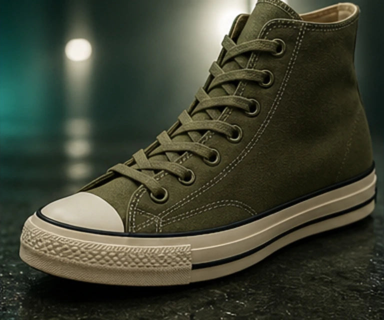 Olive high-top canvas sneaker in a dark studio